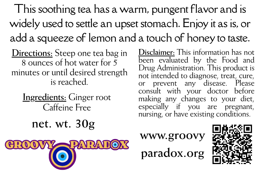 Tea label with text about soothing tea, directions, ingredients, and disclaimer.