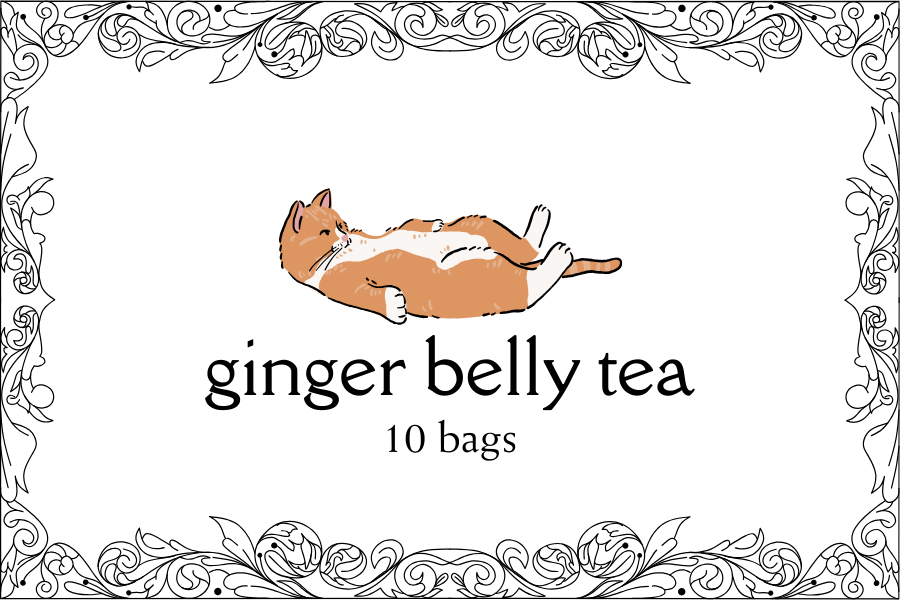 Ginger belly tea packaging with a ginger cat illustration and decorative border