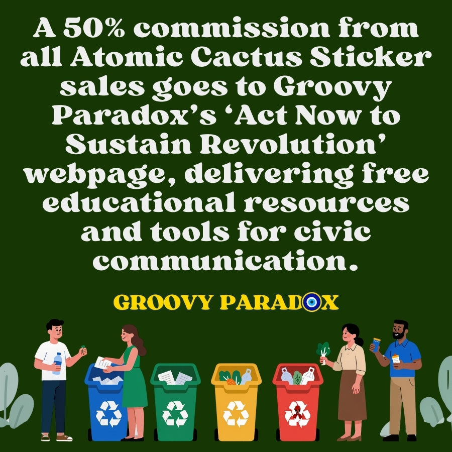 Promotional graphic for Groovy Paradox with recycling bins and people, featuring text about commission to civic communication webpage.