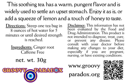 Tea label with text about soothing tea, directions, ingredients, and disclaimer.