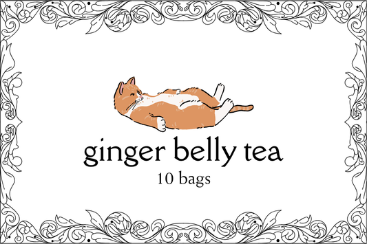 Ginger belly tea packaging with a ginger cat illustration and decorative border