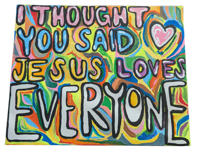 Colorful artwork with text on a white background