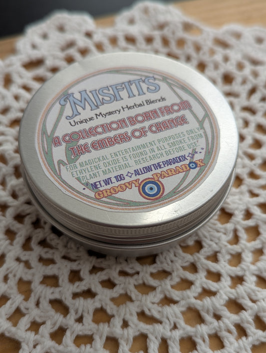 Small container with a label on a tin, resting on a textured doily surface
