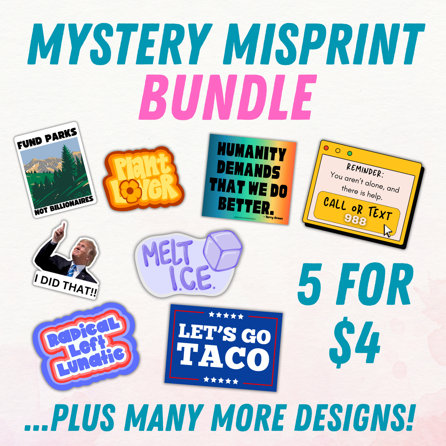 Mystery Misprint Sticker Bundle | 5-Pack Imperfect Stickers | Slightly Flawed Vinyl Decals | Discounted Sticker Grab Bag
