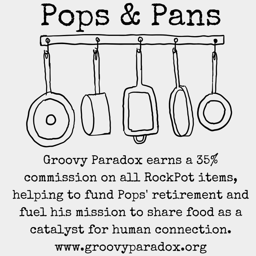 Illustration of hanging pots and pans with text about Groovy Paradox commission on RockPot items.