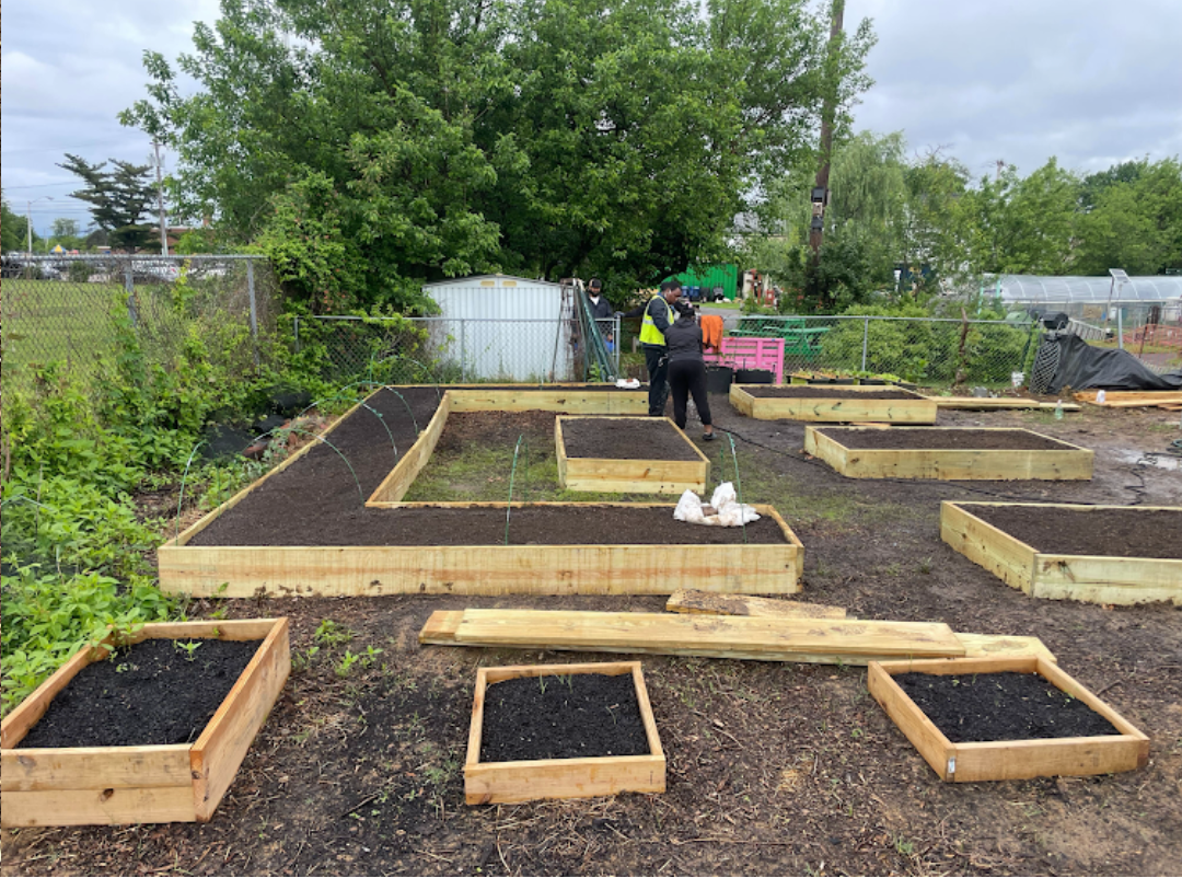 Set of raised garden beds in a community garden with people in the background.